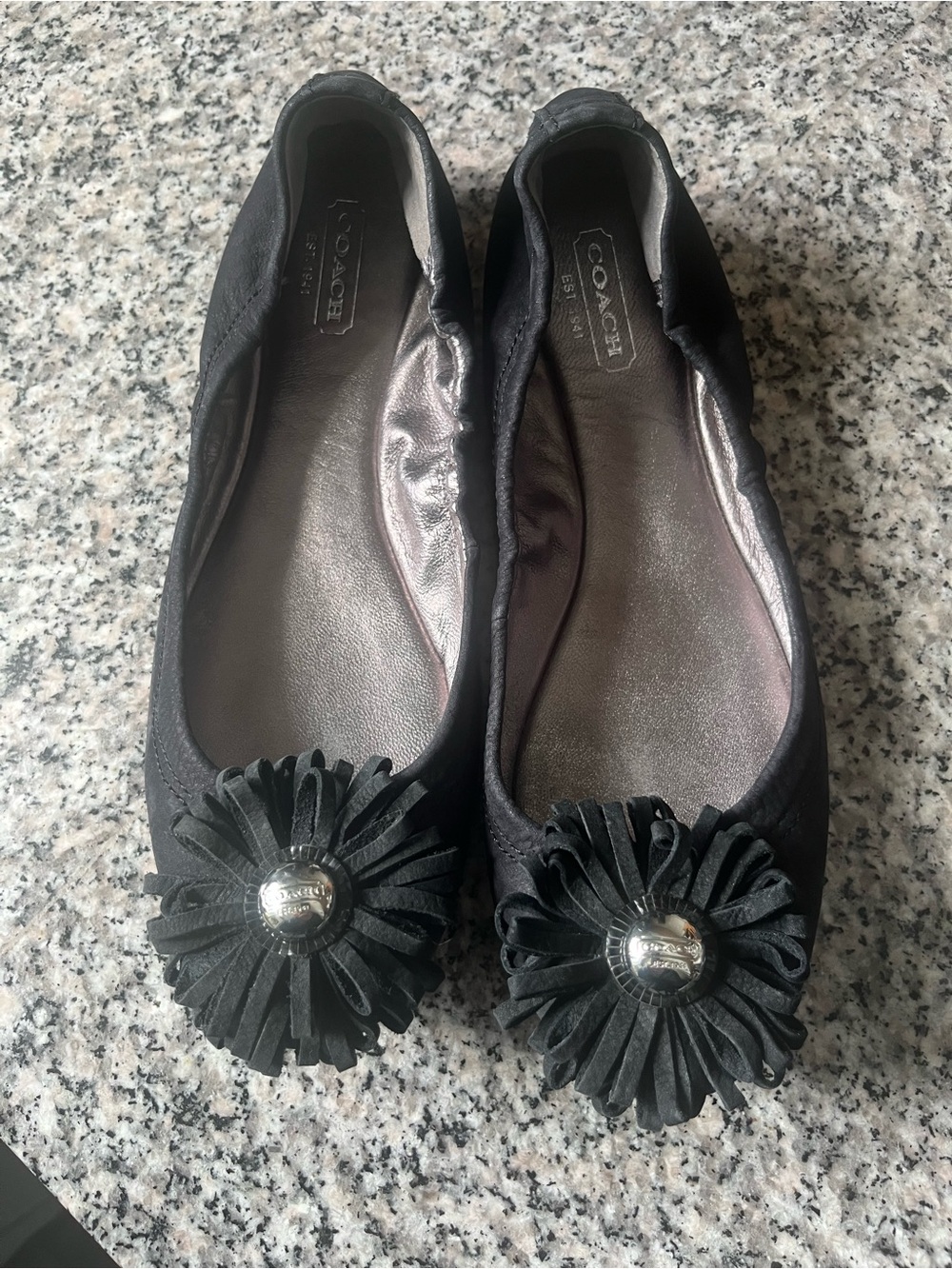 COACH Ariza  Black Leather Flower-Embellished Ballet Flats